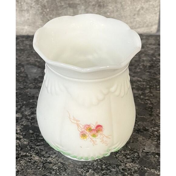 Vintage White Milk Glass Vase with Hand Painted Pink & Yellow Floral Motif - Picture 4 of 6